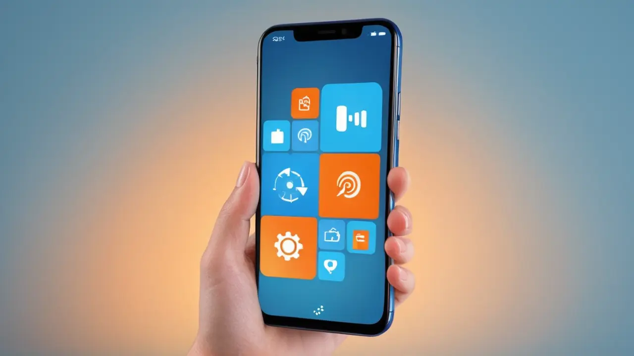 Mano sostiene smartphone con íconos tecnológicos