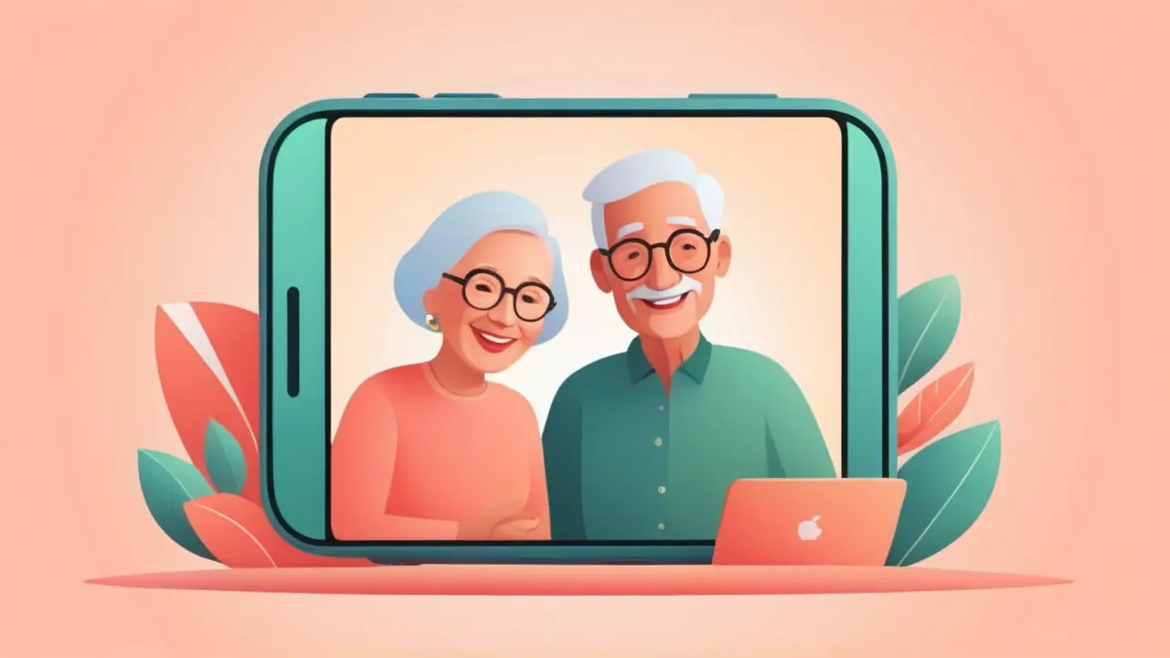 Ilustración de pareja mayor feliz en videollamada