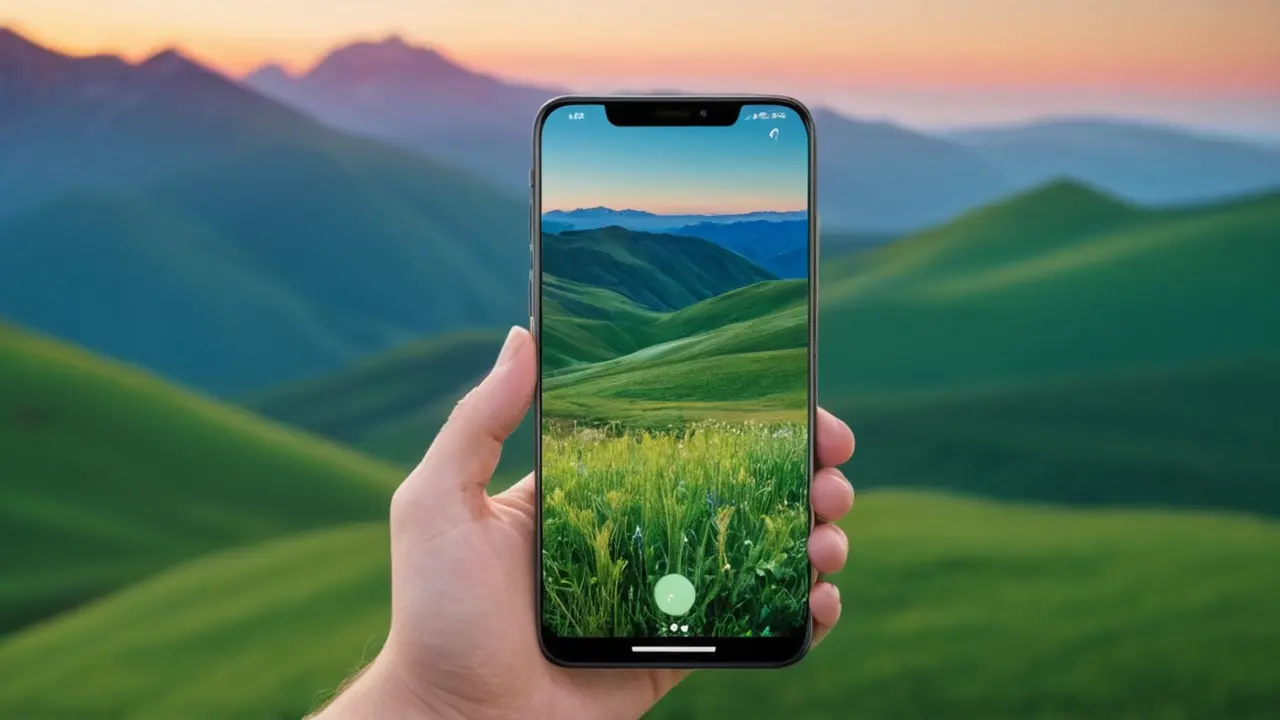 Mano con móvil fotografiando un paisaje vectorial