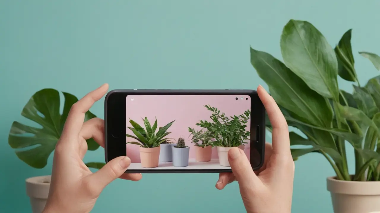 Manos fotografiando una planta con un smartphone