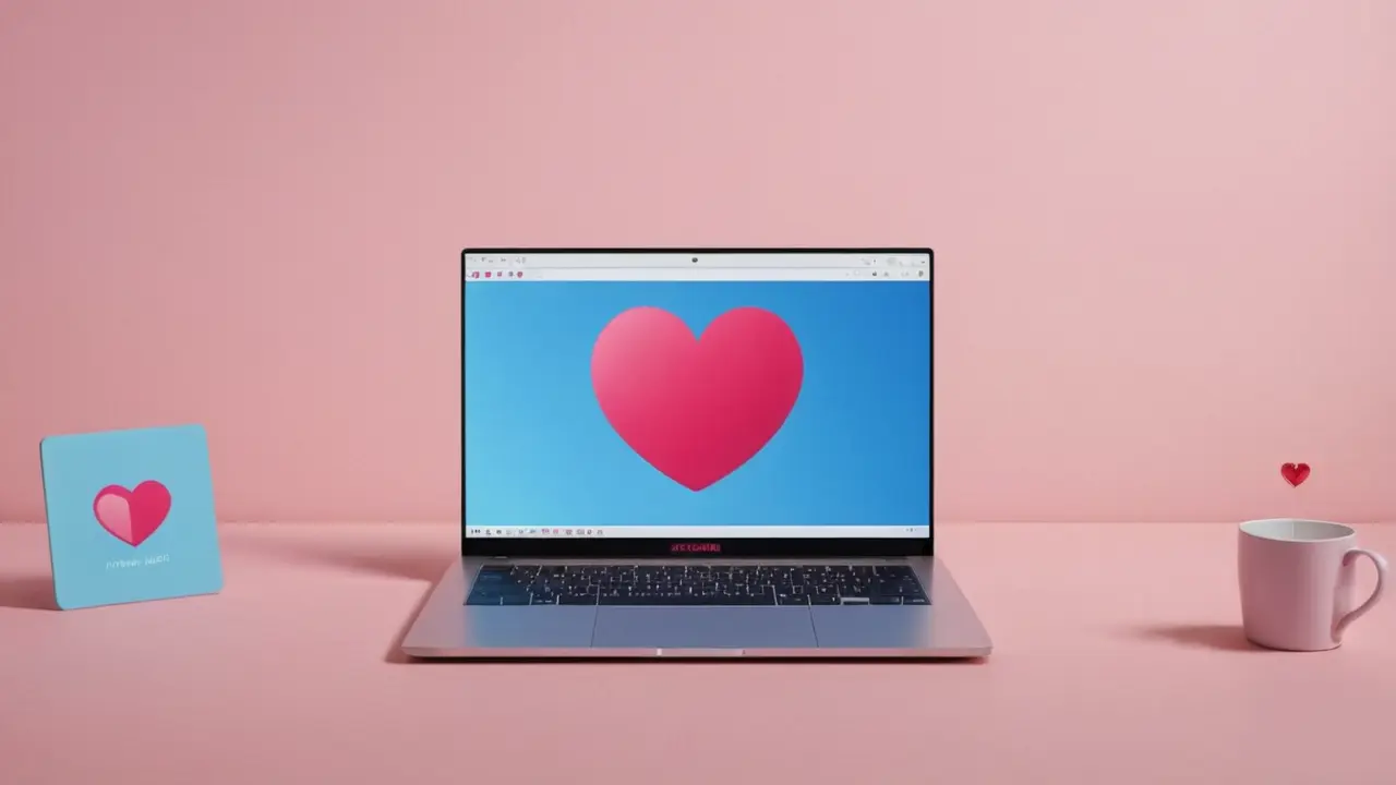 Personaje optimista viendo contenido multimedia en laptop