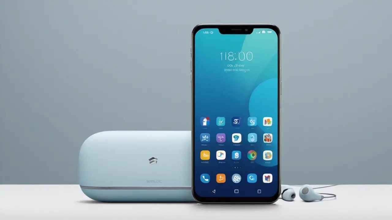 Smartphone con iconos de funciones y conectividad