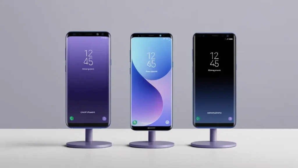 Composición minimalista de tres smartphones Galaxy