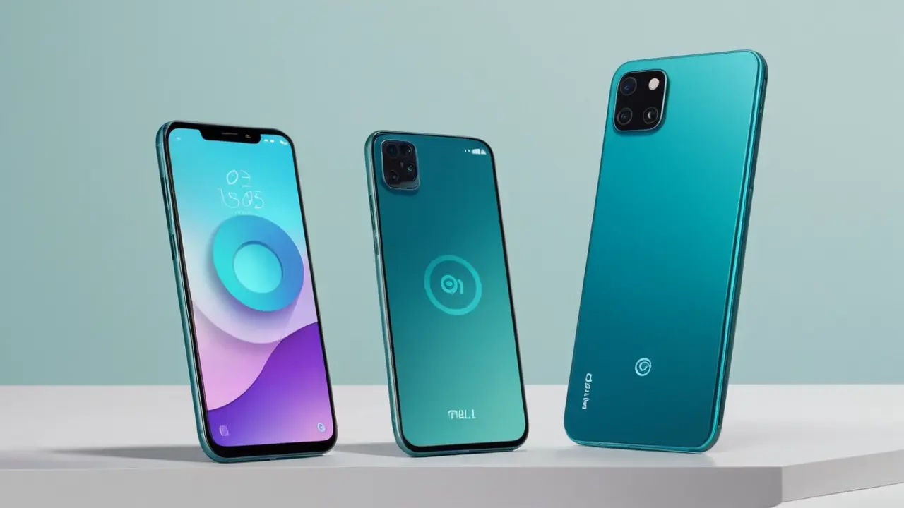 Dos smartphones estilizados con iconos tecnológicos