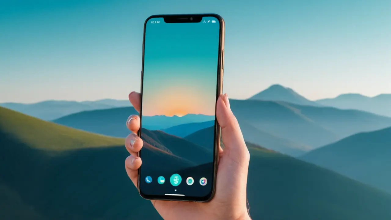 Móvil en mano encuadrando paisaje minimalista