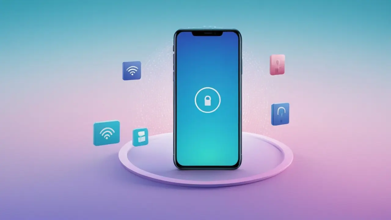 Smartphone con iconos de seguridad y tecnología