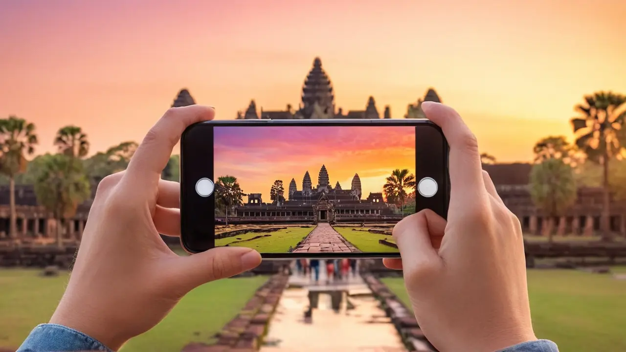 Móvil fotografiando los templos de Angkor
